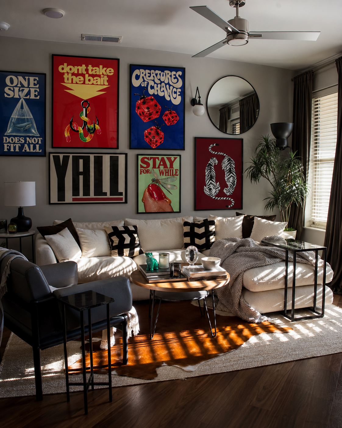 OddMatter prints on a gallery wall in a living room