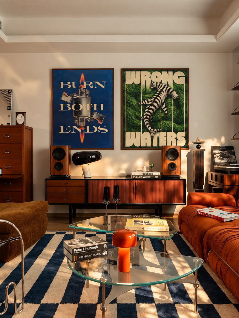 Burn Both Ends and Wrong Waters prints above a mid-century credenza