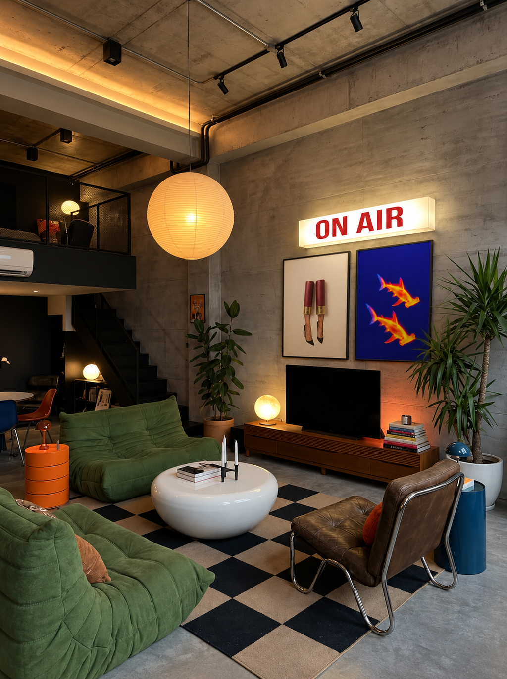 Fatal Attraction and Heat Signature prints in a loft living room