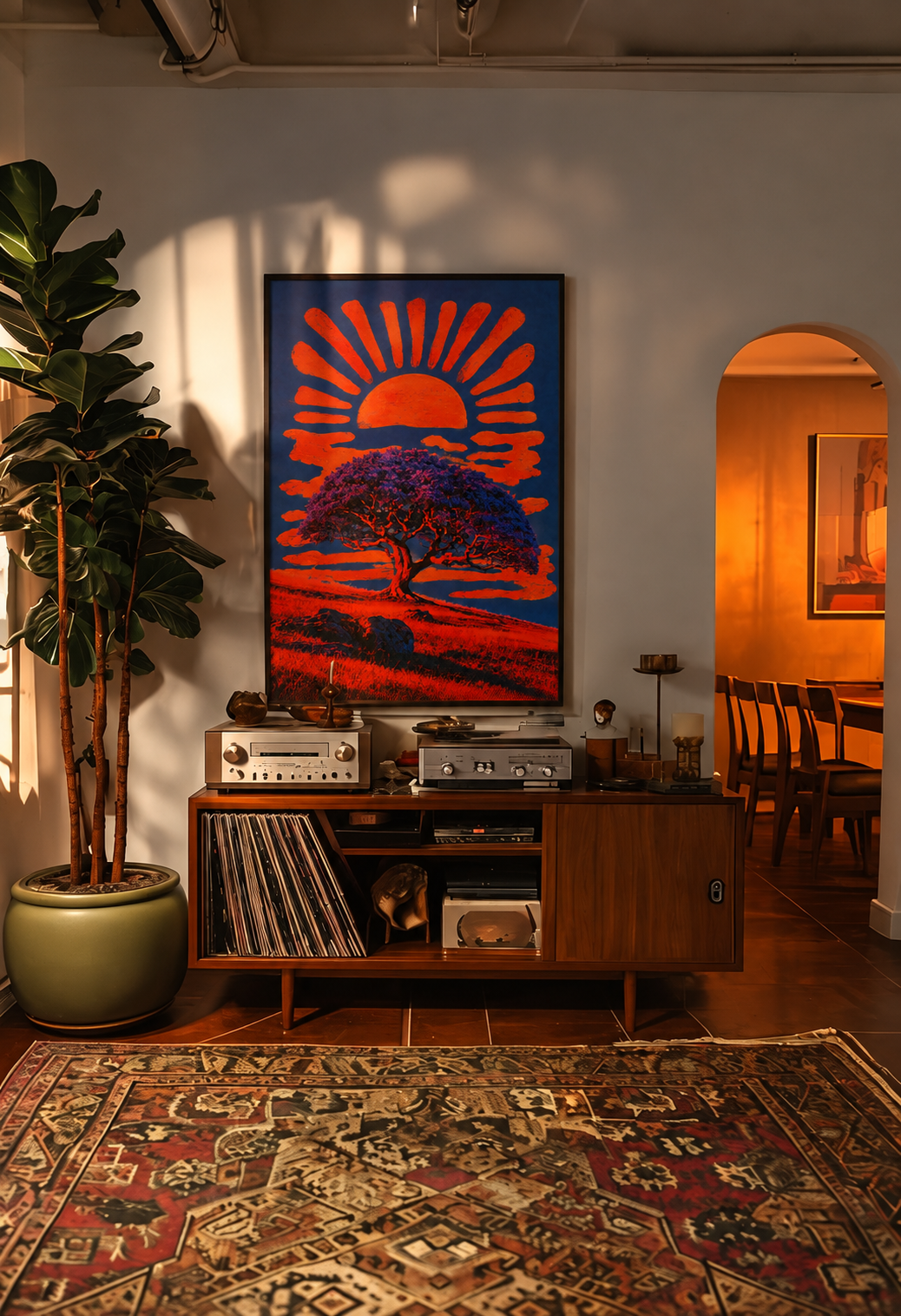 Red Sun Ritual print above a record cabinet