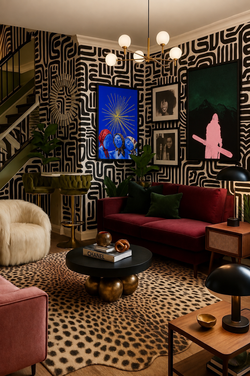 Muses and Off Season prints in a bold patterned living room