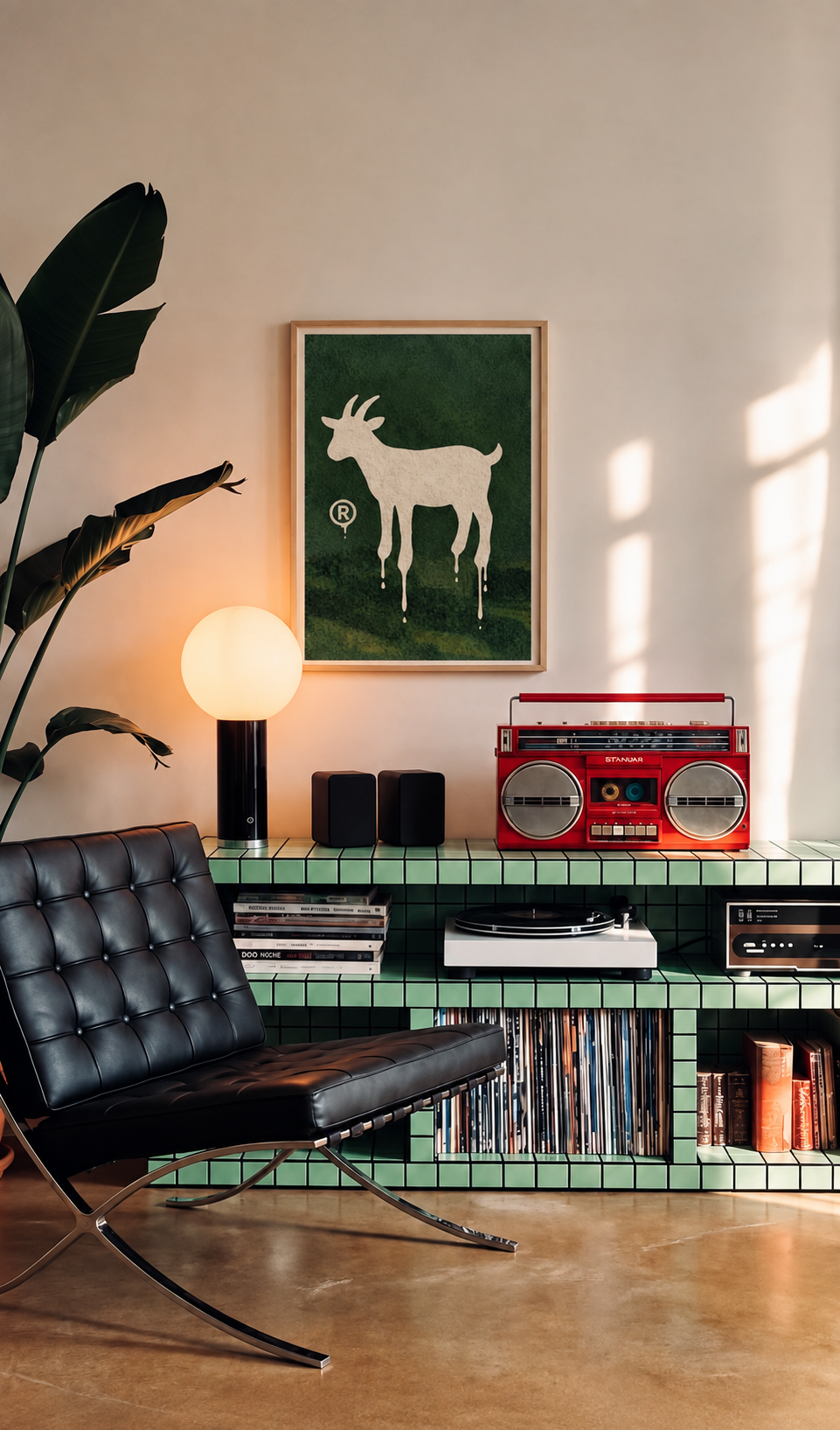 Goat Milk print above a green tiled record shelf